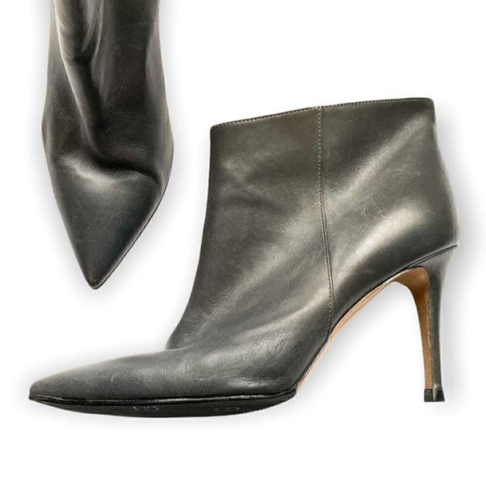 Gianvito Rossi Stilo Gray Leather Ankle Boots, Pointed Toe Stiletto Heel, 37.5EU